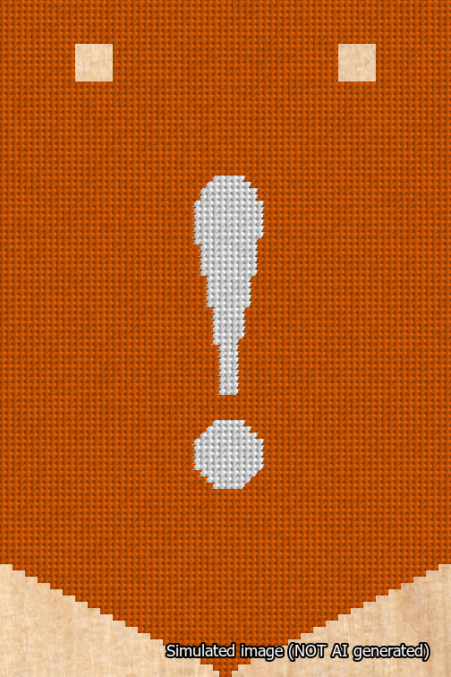 A simulated image of the stitched needlepoint design: Banner 18m Pointed Exclamation White on Orange. Not A.I. generated.