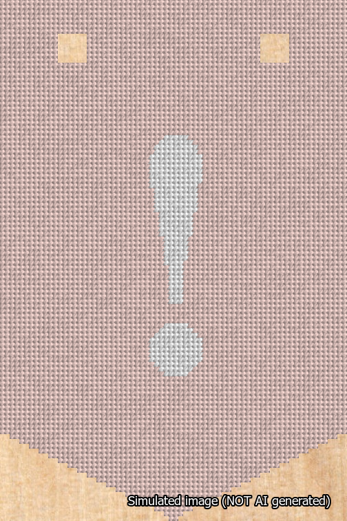 A simulated image of the stitched needlepoint design: Banner 18m Pointed Exclamation White on Pink. Not A.I. generated.