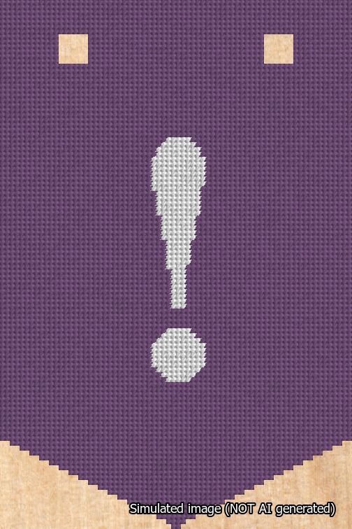 A simulated image of the stitched needlepoint design: Banner 18m Pointed Exclamation White on Purple. Not A.I. generated.