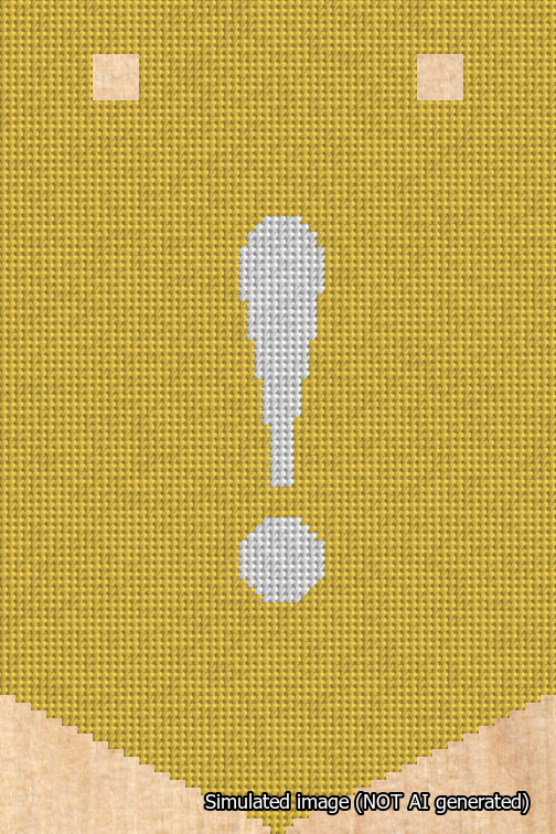 A simulated image of the stitched needlepoint design: Banner 18m Pointed Exclamation White on Yellow. Not A.I. generated.
