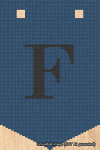 A simulated image of the stitched needlepoint design: Banner 18m Pointed F Black on Blue. Not A.I. generated.