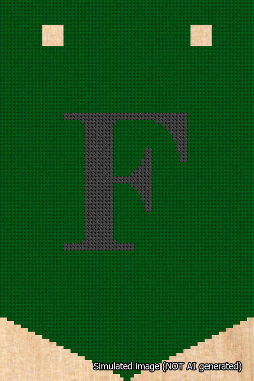 A simulated image of the stitched needlepoint design: Banner 18m Pointed F Black on Green. Not A.I. generated.
