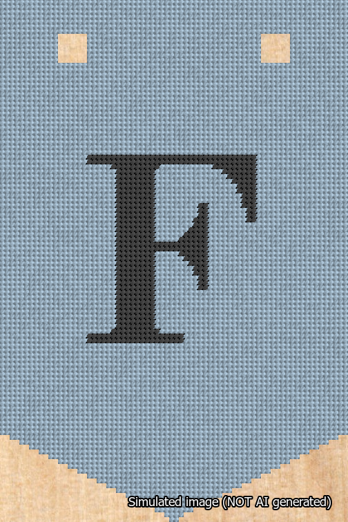 A simulated image of the stitched needlepoint design: Banner 18m Pointed F Black on Light Blue. Not A.I. generated.