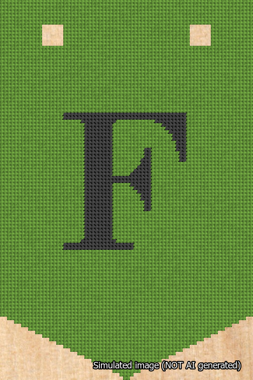 A simulated image of the stitched needlepoint design: Banner 18m Pointed F Black on Light Green. Not A.I. generated.