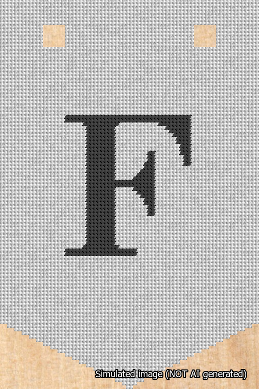 A simulated image of the stitched needlepoint design: Banner 18m Pointed F Black on White. Not A.I. generated.