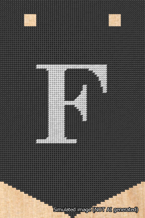 A simulated image of the stitched needlepoint design: Banner 18m Pointed F White on Black. Not A.I. generated.