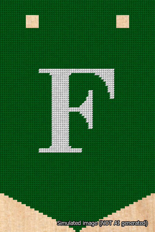 A simulated image of the stitched needlepoint design: Banner 18m Pointed F White on Green. Not A.I. generated.
