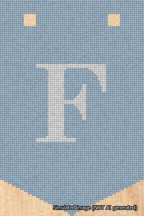 A simulated image of the stitched needlepoint design: Banner 18m Pointed F White on Light Blue. Not A.I. generated.