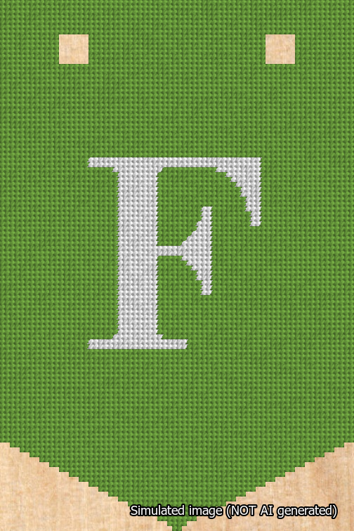 A simulated image of the stitched needlepoint design: Banner 18m Pointed F White on Light Green. Not A.I. generated.