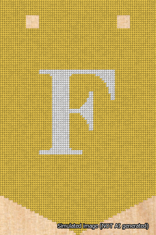 A simulated image of the stitched needlepoint design: Banner 18m Pointed F White on Yellow. Not A.I. generated.