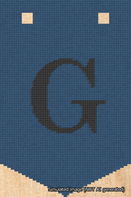A simulated image of the stitched needlepoint design: Banner 18m Pointed G Black on Blue. Not A.I. generated.