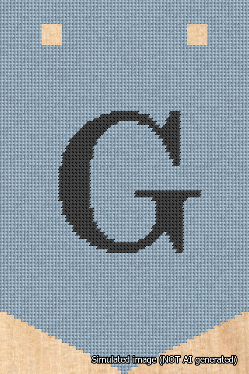 A simulated image of the stitched needlepoint design: Banner 18m Pointed G Black on Light Blue. Not A.I. generated.