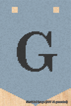 A simulated image of the stitched needlepoint design: Banner 18m Pointed G Black on Light Blue. Not A.I. generated.