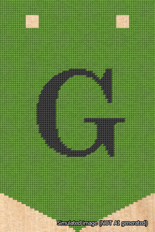A simulated image of the stitched needlepoint design: Banner 18m Pointed G Black on Light Green. Not A.I. generated.