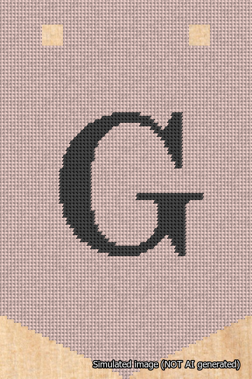 A simulated image of the stitched needlepoint design: Banner 18m Pointed G Black on Pink. Not A.I. generated.