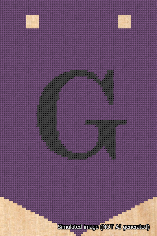 A simulated image of the stitched needlepoint design: Banner 18m Pointed G Black on Purple. Not A.I. generated.