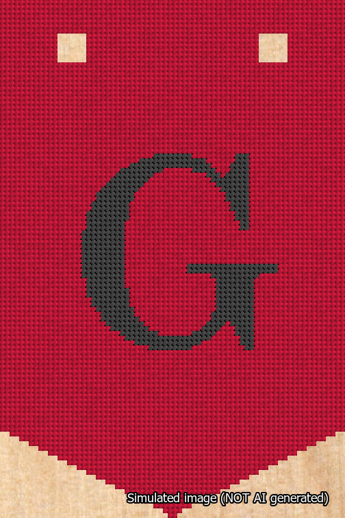 A simulated image of the stitched needlepoint design: Banner 18m Pointed G Black on Red. Not A.I. generated.