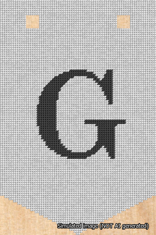 A simulated image of the stitched needlepoint design: Banner 18m Pointed G Black on White. Not A.I. generated.