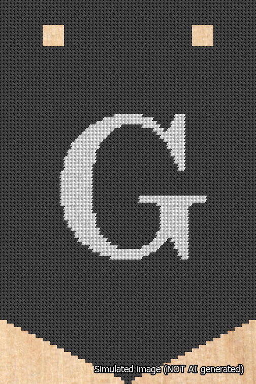 A simulated image of the stitched needlepoint design: Banner 18m Pointed G White on Black. Not A.I. generated.