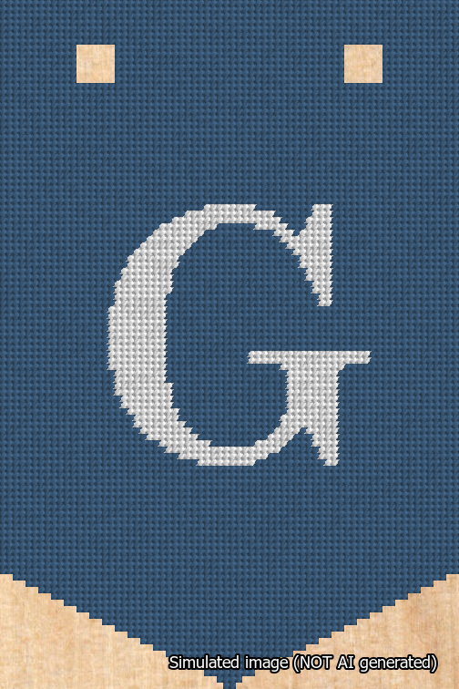 A simulated image of the stitched needlepoint design: Banner 18m Pointed G White on Blue. Not A.I. generated.