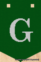 A simulated image of the stitched needlepoint design: Banner 18m Pointed G White on Green. Not A.I. generated.
