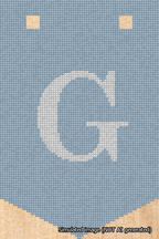 A simulated image of the stitched needlepoint design: Banner 18m Pointed G White on Light Blue. Not A.I. generated.