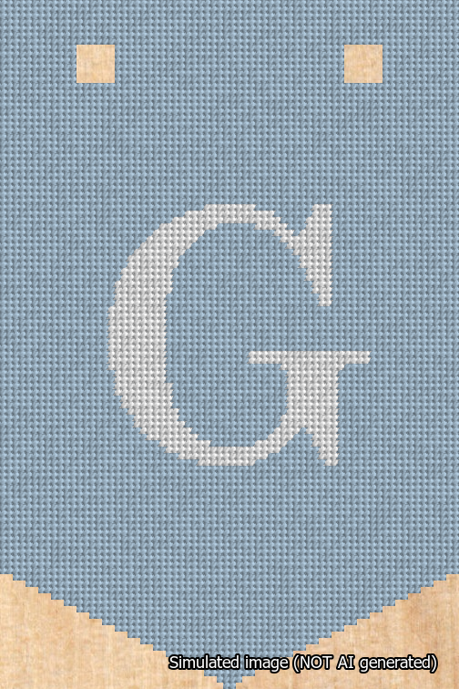 A simulated image of the stitched needlepoint design: Banner 18m Pointed G White on Light Blue. Not A.I. generated.