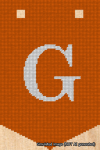 A simulated image of the stitched needlepoint design: Banner 18m Pointed G White on Orange. Not A.I. generated.