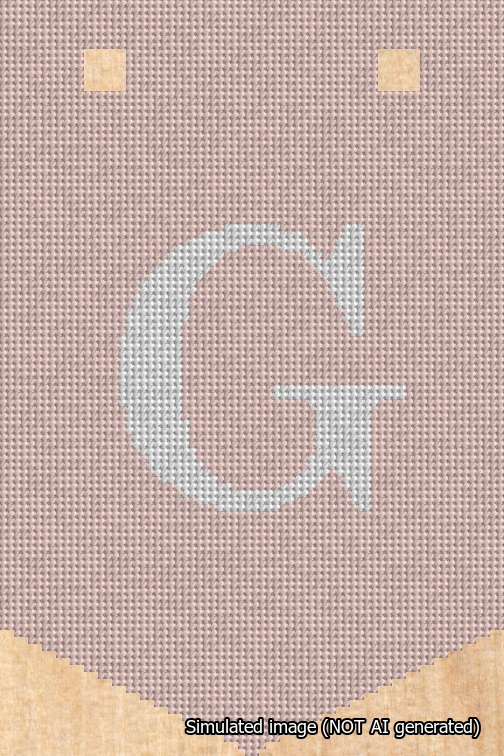 A simulated image of the stitched needlepoint design: Banner 18m Pointed G White on Pink. Not A.I. generated.