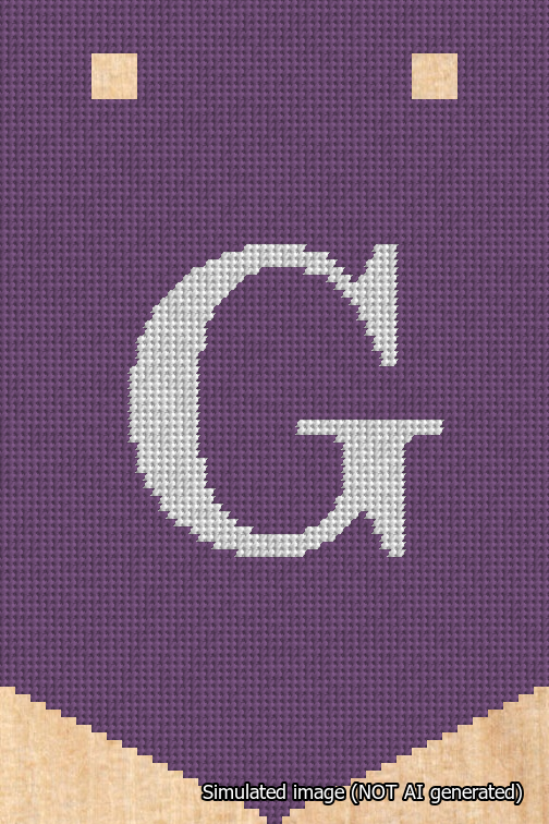 A simulated image of the stitched needlepoint design: Banner 18m Pointed G White on Purple. Not A.I. generated.