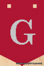 A simulated image of the stitched needlepoint design: Banner 18m Pointed G White on Red. Not A.I. generated.