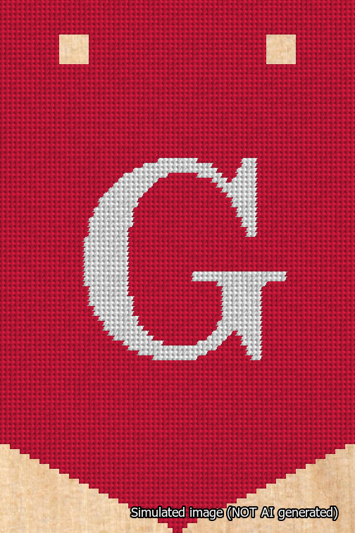 A simulated image of the stitched needlepoint design: Banner 18m Pointed G White on Red. Not A.I. generated.
