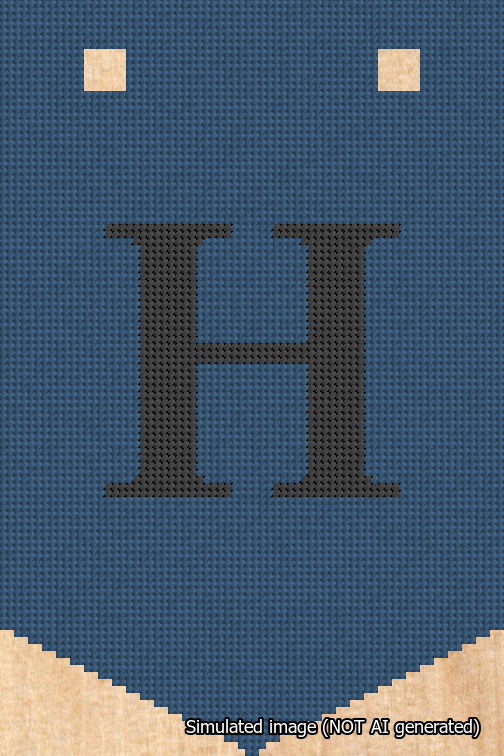 A simulated image of the stitched needlepoint design: Banner 18m Pointed H Black on Blue. Not A.I. generated.