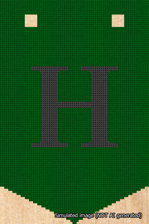 A simulated image of the stitched needlepoint design: Banner 18m Pointed H Black on Green. Not A.I. generated.