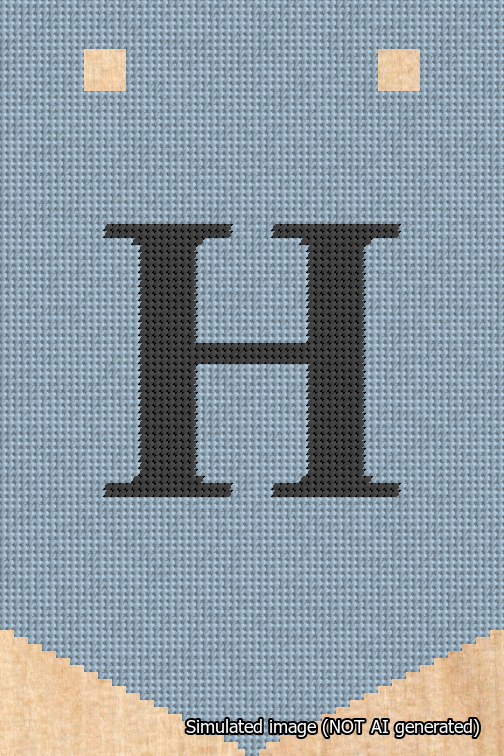 A simulated image of the stitched needlepoint design: Banner 18m Pointed H Black on Light Blue. Not A.I. generated.