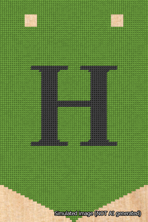 A simulated image of the stitched needlepoint design: Banner 18m Pointed H Black on Light Green. Not A.I. generated.