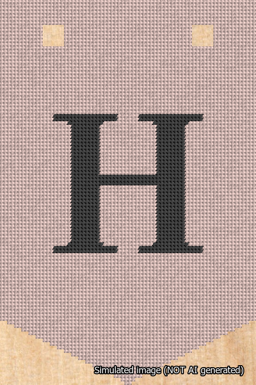 A simulated image of the stitched needlepoint design: Banner 18m Pointed H Black on Pink. Not A.I. generated.