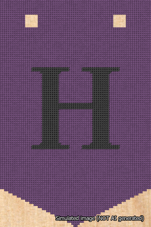 A simulated image of the stitched needlepoint design: Banner 18m Pointed H Black on Purple. Not A.I. generated.