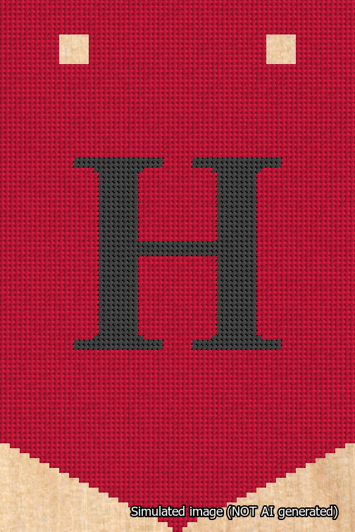 A simulated image of the stitched needlepoint design: Banner 18m Pointed H Black on Red. Not A.I. generated.