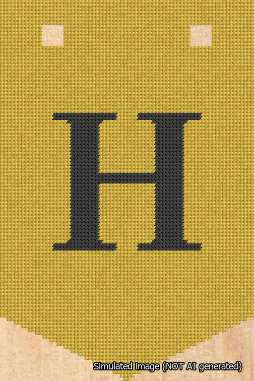 A simulated image of the stitched needlepoint design: Banner 18m Pointed H Black on Yellow. Not A.I. generated.
