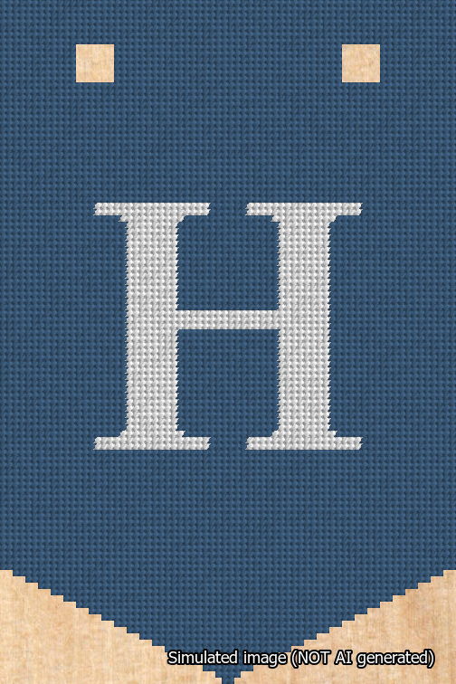 A simulated image of the stitched needlepoint design: Banner 18m Pointed H White on Blue. Not A.I. generated.