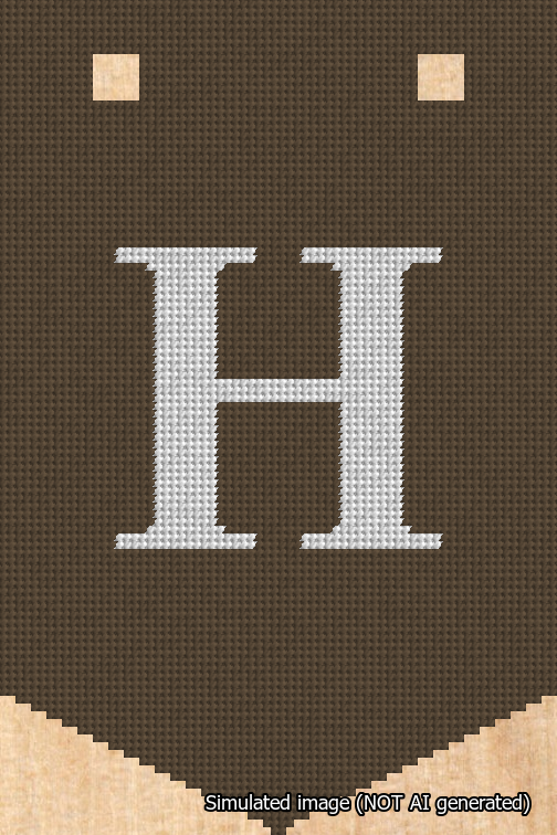 A simulated image of the stitched needlepoint design: Banner 18m Pointed H White on Brown. Not A.I. generated.