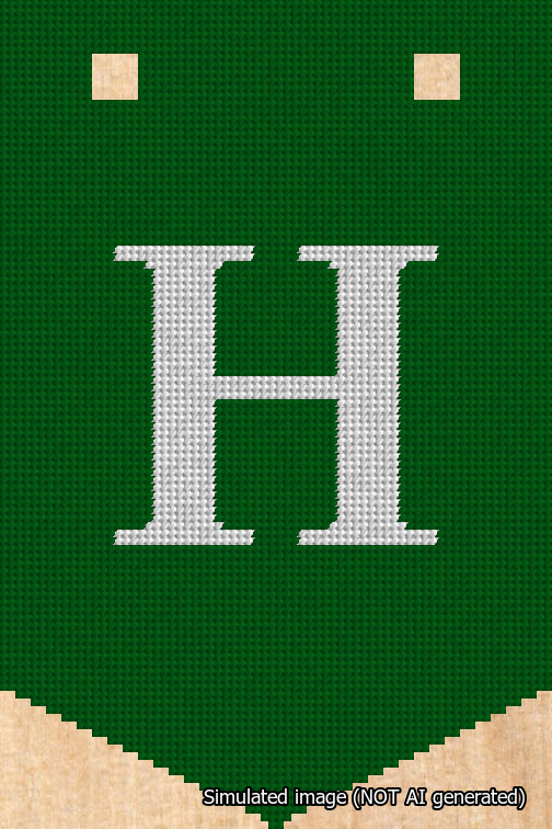A simulated image of the stitched needlepoint design: Banner 18m Pointed H White on Green. Not A.I. generated.
