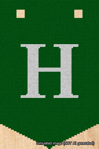 A simulated image of the stitched needlepoint design: Banner 18m Pointed H White on Green. Not A.I. generated.
