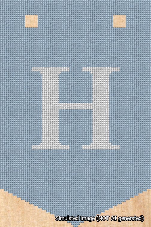 A simulated image of the stitched needlepoint design: Banner 18m Pointed H White on Light Blue. Not A.I. generated.