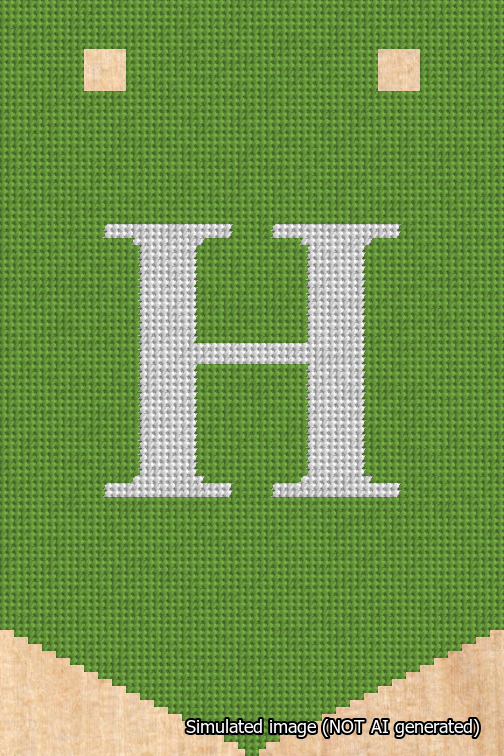 A simulated image of the stitched needlepoint design: Banner 18m Pointed H White on Light Green. Not A.I. generated.