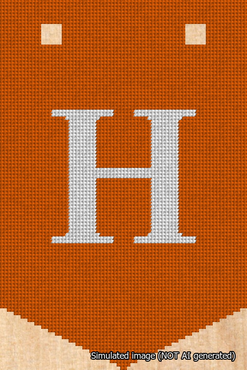 A simulated image of the stitched needlepoint design: Banner 18m Pointed H White on Orange. Not A.I. generated.