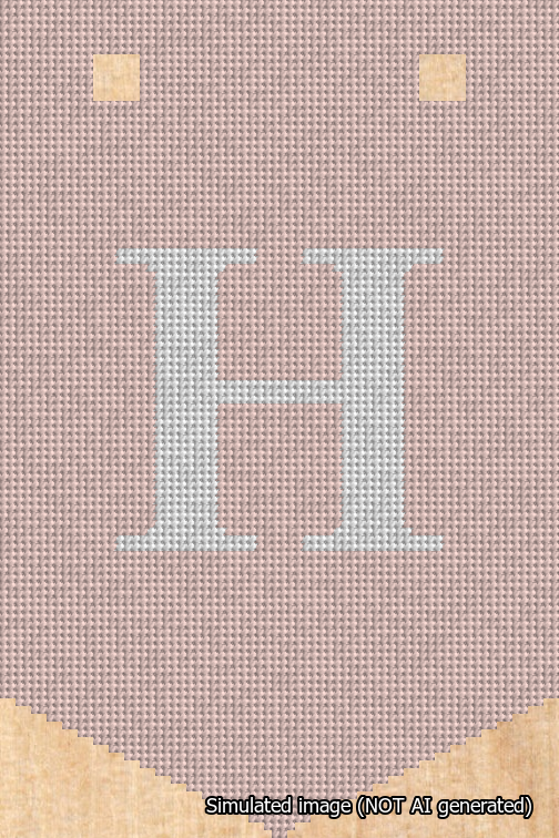 A simulated image of the stitched needlepoint design: Banner 18m Pointed H White on Pink. Not A.I. generated.