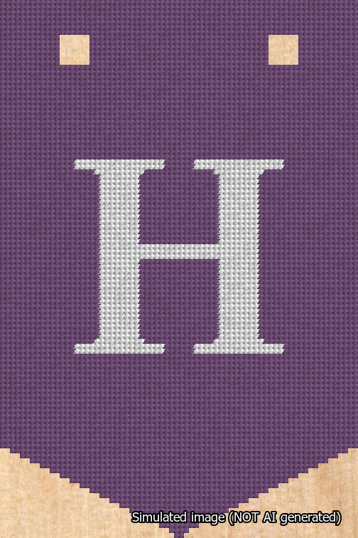 A simulated image of the stitched needlepoint design: Banner 18m Pointed H White on Purple. Not A.I. generated.
