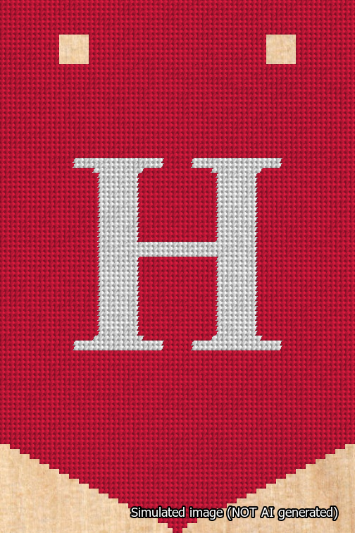 A simulated image of the stitched needlepoint design: Banner 18m Pointed H White on Red. Not A.I. generated.